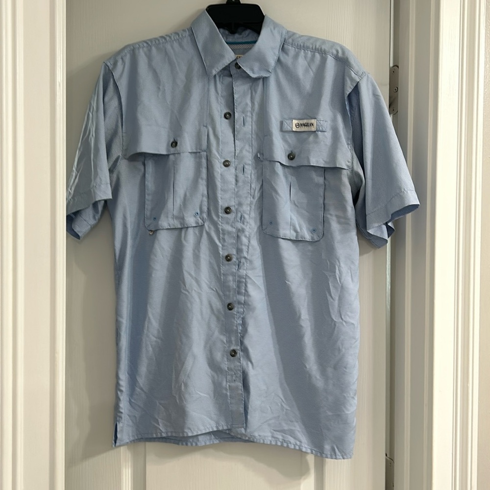 Blue and white Magellan size small fishing shirt